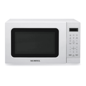 "Kumtel KUM9490 20L Digital Microwave Oven with 700W power, LED display, touch screen, fast defrosting, smart memory, child safety lock, and fast cooking in a white finish."