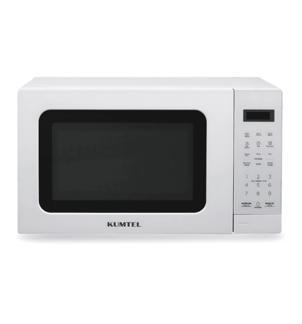 "Kumtel KUM9490 20L Digital Microwave Oven with 700W power, LED display, touch screen, fast defrosting, smart memory, child safety lock, and fast cooking in a white finish."