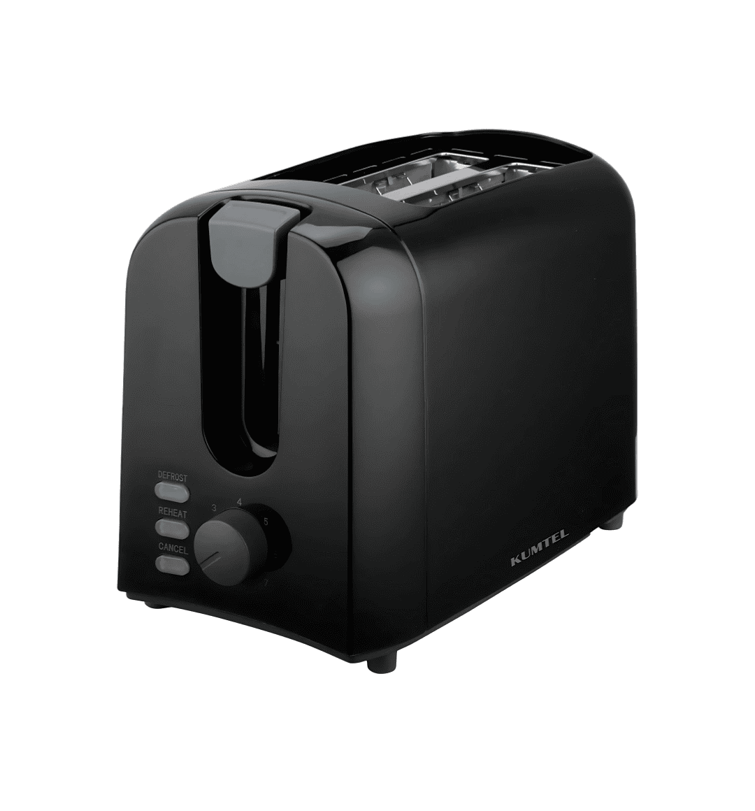 Kumtel HTS-01 Black 2-Slice Toaster with 700W power, 7 browning levels, cancel, reheat, and defrost functions.