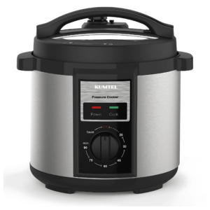 "Kumtel HPC-02 Electric Pressure Cooker (5.7L) with stainless steel body, 1000W power, pressure indicator, and 90-minute timer for fast and efficient cooking."