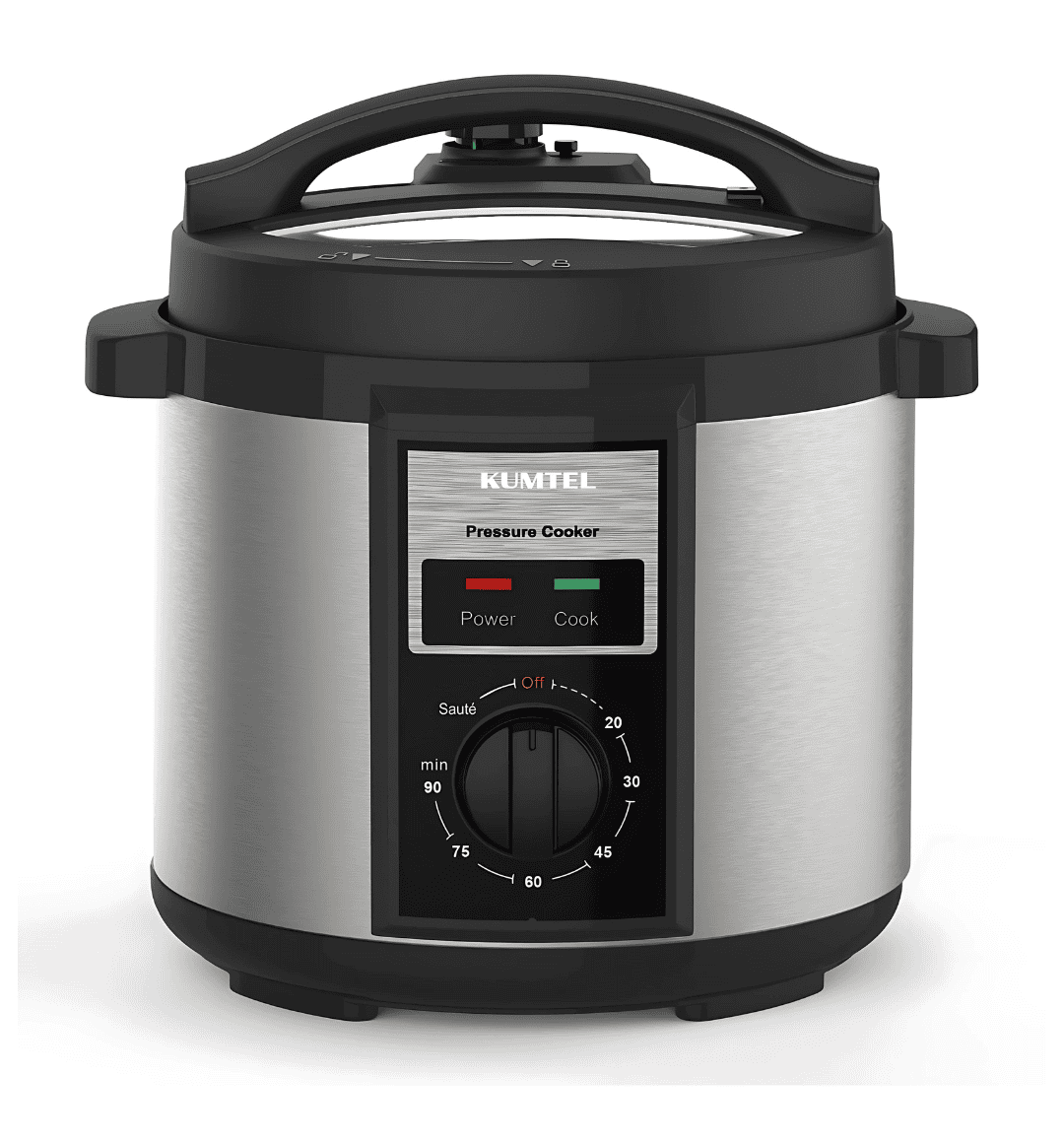 "Kumtel HPC-02 Electric Pressure Cooker (5.7L) with stainless steel body, 1000W power, pressure indicator, and 90-minute timer for fast and efficient cooking."