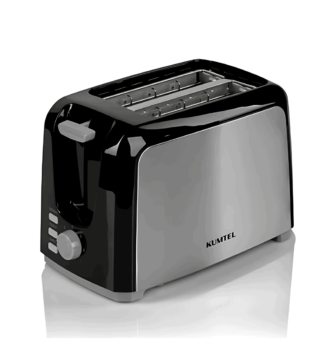 Kumtel HTS-02 Inox 2-Slice Toaster with 750W power, 7 browning levels, cancel, reheat, and defrost functions.