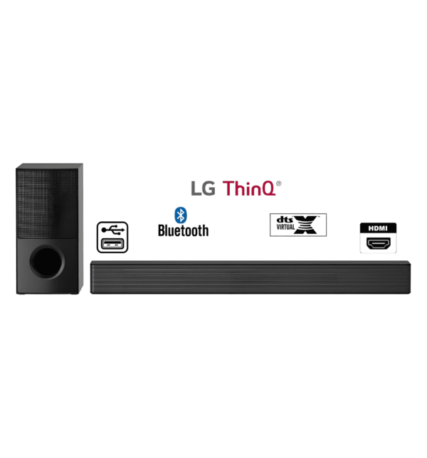 LG 4.1ch 600W Soundbar with Wireless Subwoofer, DTS Virtual:X, AI Sound Pro, and Bluetooth Connectivity.