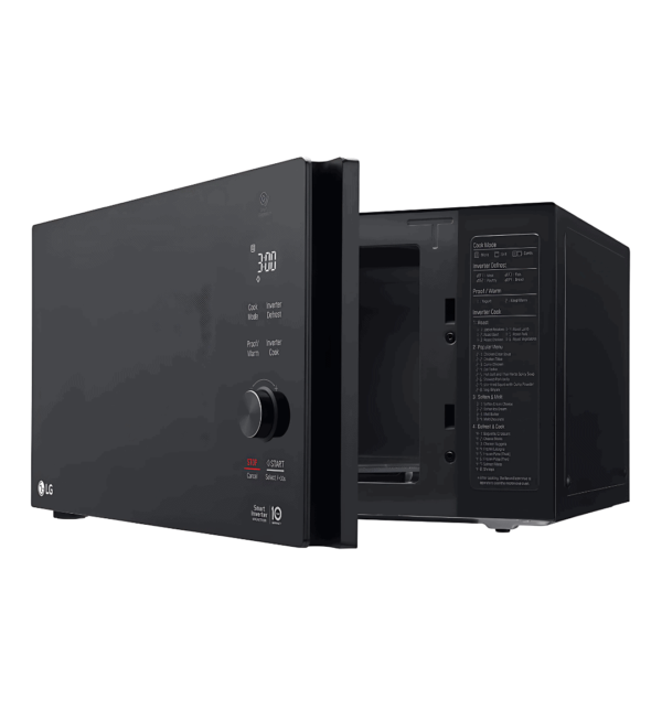 LG 42L Inverter Microwave with Grill MH8265DIS featuring 1200W heating power, Smart Inverter Technology, 1000W Grill Neo Chef, touch panel, Easy Clean anti-bacterial cavity, and a sleek black finish."