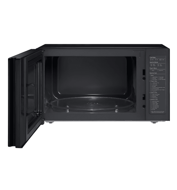 "LG 42L Inverter Microwave with Grill (MH8265DIS) featuring 1200W heating power, Smart Inverter Technology, 1000W Grill Neo Chef, touch panel, Easy Clean anti-bacterial cavity, and a sleek black finish."