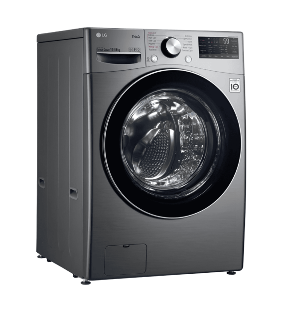 LG F0L9DGP2S 15Kg Washer & 8Kg Dryer in Silver with AI DD, 6 Motion, Steam, TurboWash, and TurboDry.