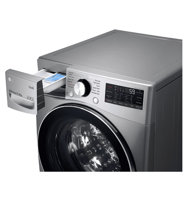 LG F0L9DGP2S 15Kg Washer & 8Kg Dryer in Silver with AI DD, 6 Motion, Steam, TurboWash, and TurboDry.