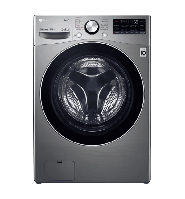 LG F0L9DGP2S 15Kg Washer & 8Kg Dryer in Silver with AI DD, 6 Motion, Steam, TurboWash, and TurboDry.