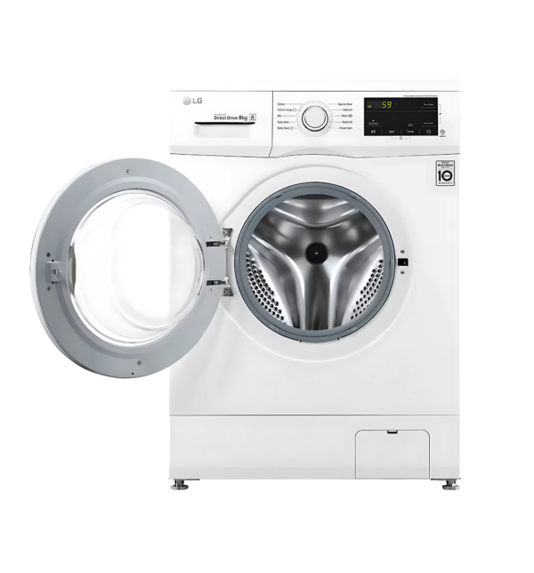 LG FH2J3TDNP0 8Kg Front Load Washing Machine – White, 6 Motion Direct Drive, Inverter Direct Drive™ Motor, Smart Diagnosis™, and a sleek touch panel for modern laundry care.