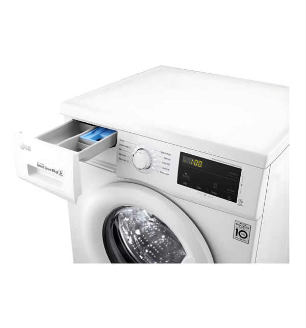 LG FH2J3TDNP0 8Kg Front Load Washing Machine – White, 6 Motion Direct Drive, Inverter Direct Drive™ Motor, Smart Diagnosis™, and a sleek touch panel for modern laundry care.