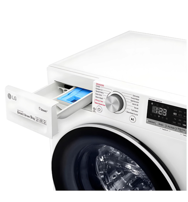 LG Vivace WV4149WVG 9Kg Front Load Washing Machine – White, AI DD™ Technology, Steam Function, 1400 RPM Spin Speed, and Glass Door for superior washing performance.