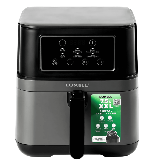 Luxell LXAF-01 Air Fryer – 7.5L XXL capacity, 1550-1850W power, digital control, and 6 auto menus for versatile, oil-free cooking including air fry, bake, broil, and more. Perfect for large meals