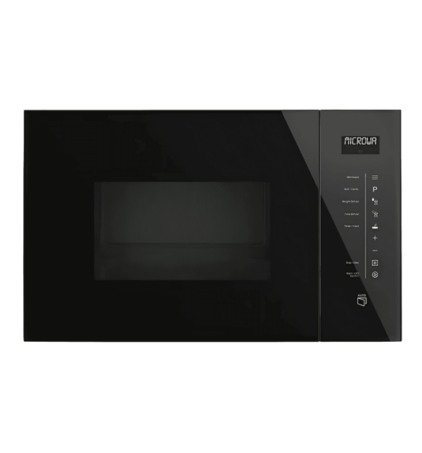 "Luxell HMB25-02 built-in microwave oven with 25L capacity, 900W microwave output, 1000W grill, and touch open feature, finished in black."