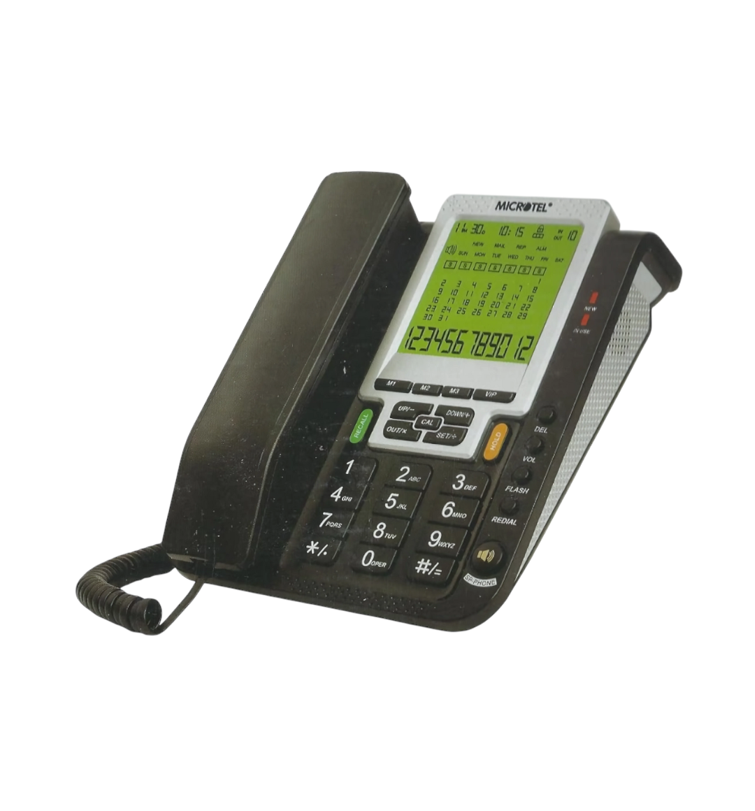 Microtel Caller ID Corded Phone MCT-669CID with dual keypad, answering system, and versatile compatibility.