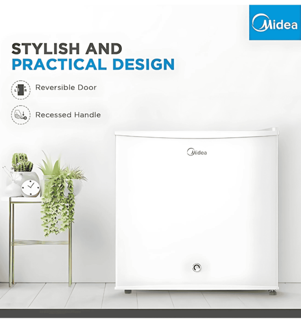 Midea 2.5Ft Single Door Refrigerator MDRD86FGE01 with reversible door, mechanical temperature control, and 5L internal freezer.
