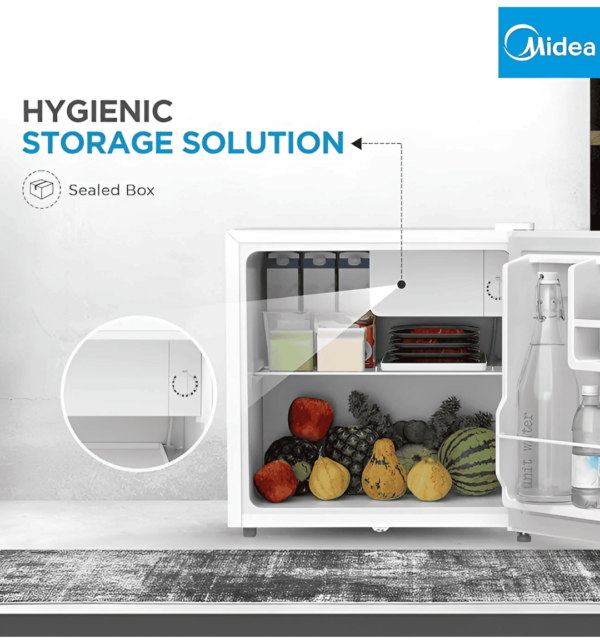 Midea 2.5Ft Single Door Refrigerator MDRD86FGE01 with reversible door, mechanical temperature control, and 5L internal freezer.