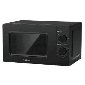 "Midea 23L Freestanding Microwave (MM723C2GS-BK) with 700W power, 5 power levels, mechanical controls, defrost function, and a sleek black finish for a modern kitchen."