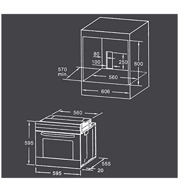 "Midea 65QME65004 60cm Built-In Black Gas Oven with 65L capacity, rotisserie, enamel cavity, and cooling air system."