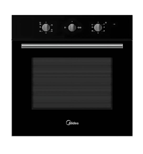 "Midea 65QME65004 60cm Built-In Black Gas Oven with 65L capacity, rotisserie, enamel cavity, and cooling air system."