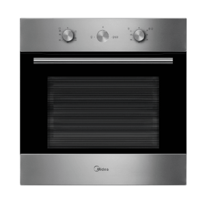 "Midea 60cm Built-In Gas Oven (65QME65006) with 65L capacity, mechanical controls, rotisserie, three-layer removable enamel glass door, and cooling air system."