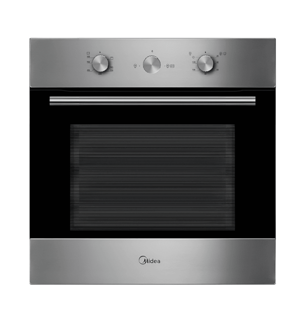 "Midea 60cm Built-In Gas Oven (65QME65006) with 65L capacity, mechanical controls, rotisserie, three-layer removable enamel glass door, and cooling air system."