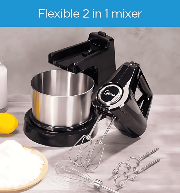 Midea UltraMixer HM0293A – 400W kitchen mixer with 5-speed settings, turbo mode, and convertible hand/stand design.