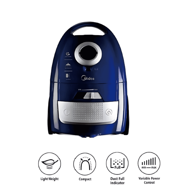 Midea VCB37A14C vacuum cleaner in blue with 1600W motor, 1.6L washable cloth bag, HEPA filter, and auto cord winder for efficient cleaning and storage.