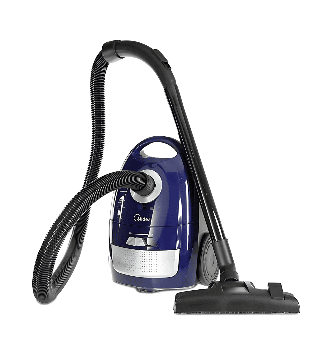 Midea VCB37A14C vacuum cleaner in blue with 1600W motor, 1.6L washable cloth bag, HEPA filter, and auto cord winder for efficient cleaning and storage.