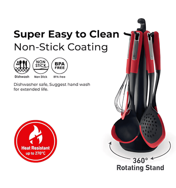 Muller Kitchen 7-Piece Silicone Utensil Set (MK-1611) with Rotating Stand, featuring heat-resistant utensils with ergonomic handles, ideal for non-stick cookware.