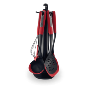 Muller Kitchen 7-Piece Silicone Utensil Set (MK-1611) with Rotating Stand, featuring heat-resistant utensils with ergonomic handles, ideal for non-stick cookware.