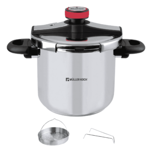 "Muller Kitchen MK-3025 Stainless Steel Pressure Cooker (10L) with red pressure indicator, quick-release valve, and induction-compatible base."