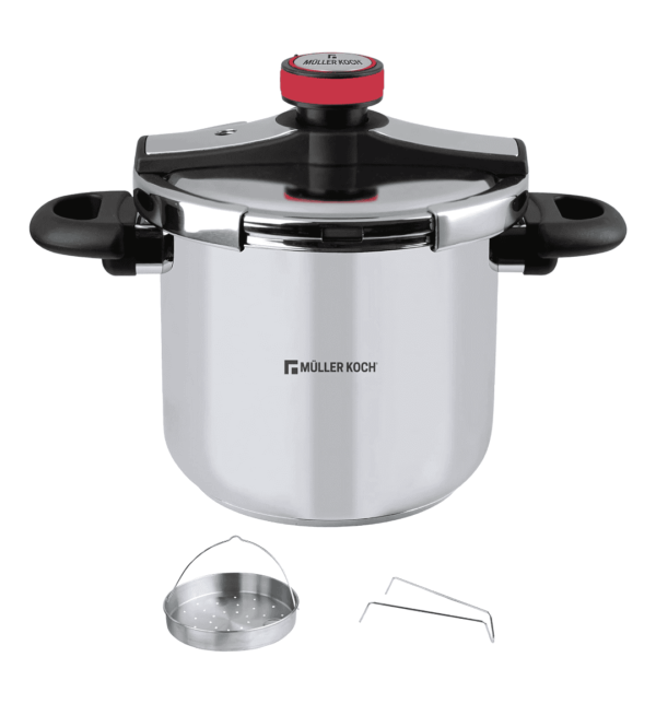 "Muller Kitchen MK-3025 Stainless Steel Pressure Cooker (10L) with red pressure indicator, quick-release valve, and induction-compatible base."