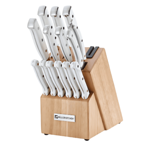Muller Koch 15-Piece Knife Set MK-2815 with wooden block and German stainless steel knives.