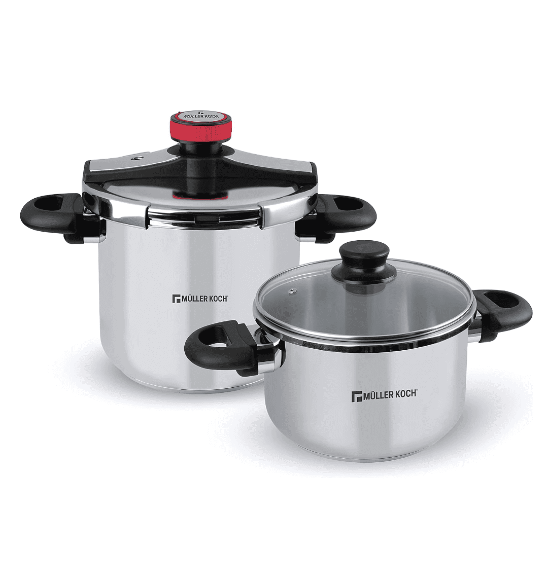 "Muller Koch MK-5021 Stainless Steel Pressure Saucepan (7L + 5L) with quick-release valve, tong-style lid, and induction-compatible base."