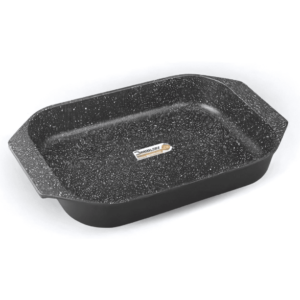 "Muller Koch MK-3026 Rectangle Die Cast Oven Tray, 35 CM, Black Aluminum, Durable & Even Heat Distribution."