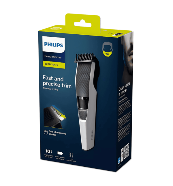 Philips Beardtrimmer Series 3000 BT3206A with 45-minute cordless runtime, stainless steel blades, Lift & Trim comb system, and ergonomic grip for precise beard trimming.