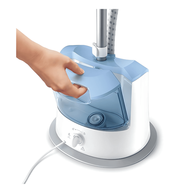 Alt Text for Image: Philips GC482 Garment Steamer – 1600W, 1.4L Water Tank, 32g/min Steam Output, Two Steam Settings, White & Blue.