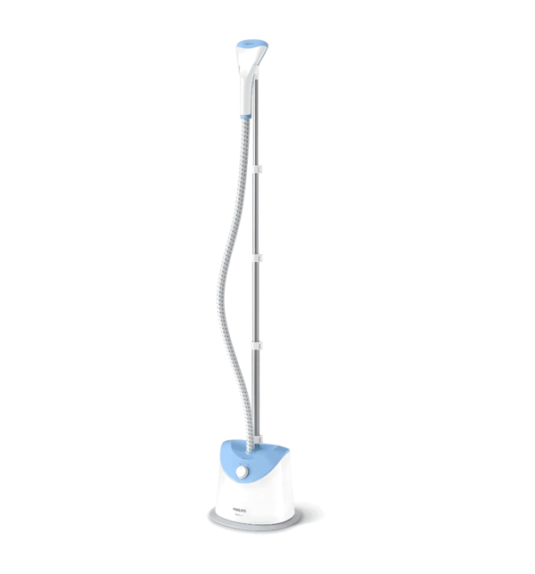 Alt Text for Image: Philips GC482 Garment Steamer – 1600W, 1.4L Water Tank, 32g/min Steam Output, Two Steam Settings, White & Blue.