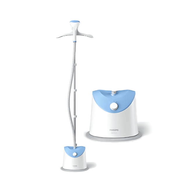 Alt Text for Image: Philips GC482 Garment Steamer – 1600W, 1.4L Water Tank, 32g/min Steam Output, Two Steam Settings, White & Blue.