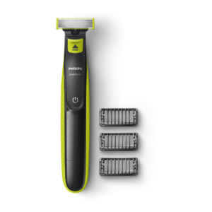 Philips OneBlade QP2520 hybrid trimmer and shaver with 45-min cordless use, wet & dry functionality, 3 stubble combs (1mm, 3mm, 5mm), and an extra replaceable blade.