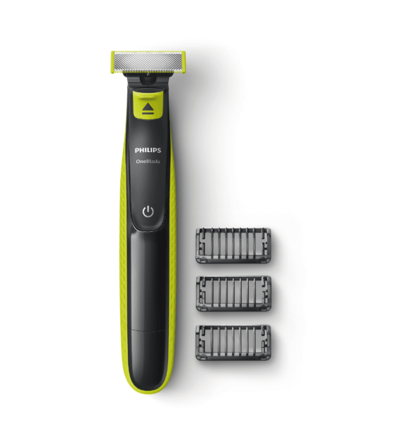 Philips OneBlade QP2520 hybrid trimmer and shaver with 45-min cordless use, wet & dry functionality, 3 stubble combs (1mm, 3mm, 5mm), and an extra replaceable blade.