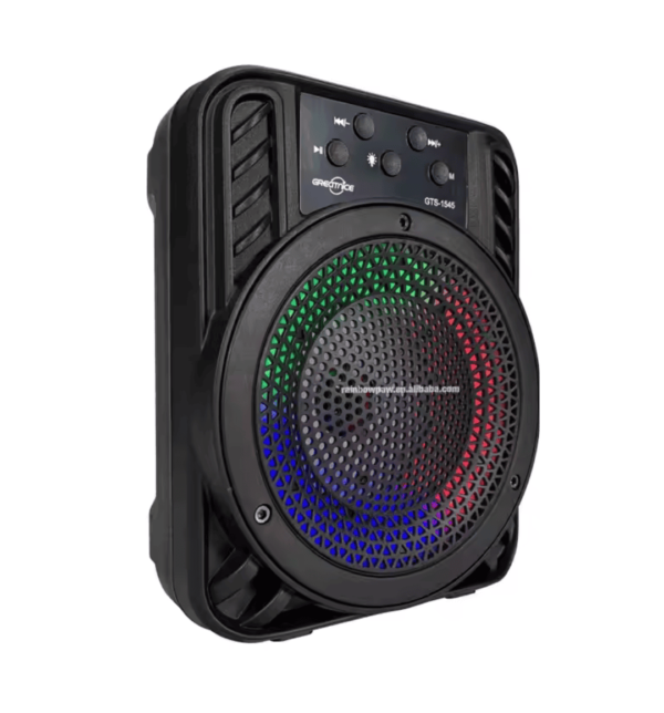 GTS-1545 3-inch Bluetooth wireless speaker with RGB ring lights and FM radio, ideal for outdoor parties.