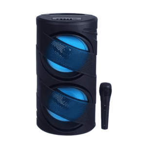 KTS GTS-1309 6.5-inch wireless portable speaker with twin loudspeakers, built-in mic, and wired microphone for karaoke and outdoor use.
