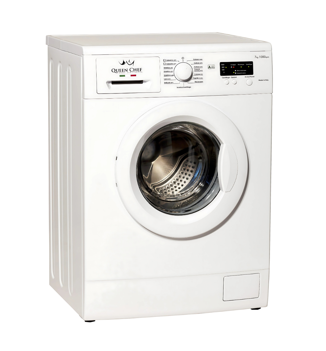 Queen Chef QCWF75-S 6KG Front Load Washing Machine in Silver, featuring a compact design, 1000 RPM spin speed, A++ energy efficiency, display screen, and baby lock for added safety. Ideal for small spaces.