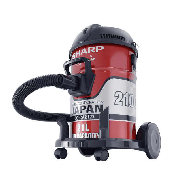 SHARP EC-CA2121 Drum Vacuum Cleaner with 8-meter cable, 21L capacity, 2100W power, and metal telescopic pipe.