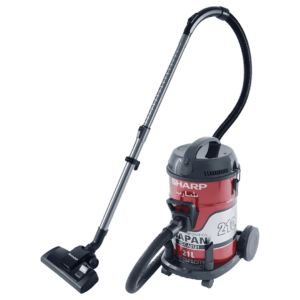 SHARP EC-CA2121 Drum Vacuum Cleaner with 8-meter cable, 21L capacity, 2100W power, and metal telescopic pipe.