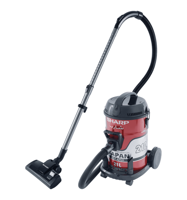 SHARP EC-CA2121 Drum Vacuum Cleaner with 8-meter cable, 21L capacity, 2100W power, and metal telescopic pipe.