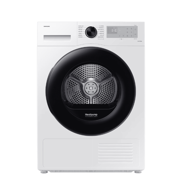 Samsung Dryer Condenser 8Kg DV80TA020AE - White dryer with 8kg capacity, A++ energy rating, and heat pump technology for efficient laundry