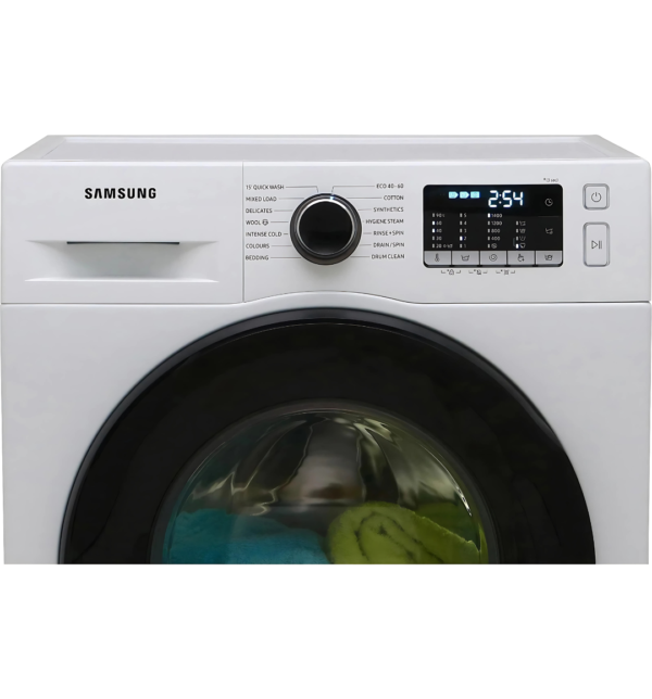 Samsung WW90TA046AE 9Kg Front Load Washing Machine – White, 1400 RPM, Hygiene Steam, 14 Programs, Quick Wash, and LCD Display for efficient and deep cleaning.