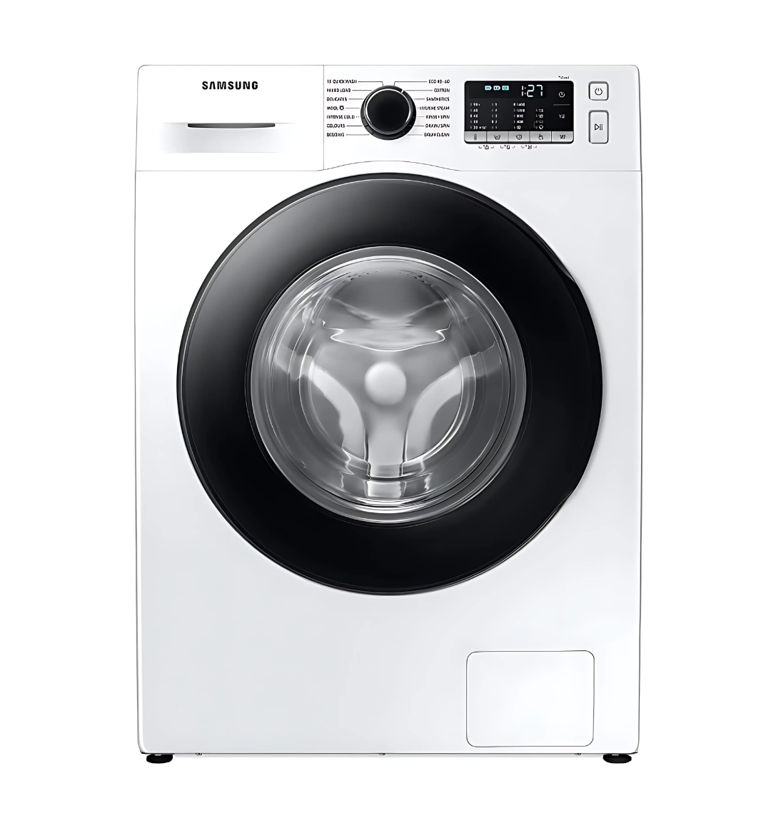 Samsung WW90TA046AE 9Kg Front Load Washing Machine – White, 1400 RPM, Hygiene Steam, 14 Programs, Quick Wash, and LCD Display for efficient and deep cleaning.